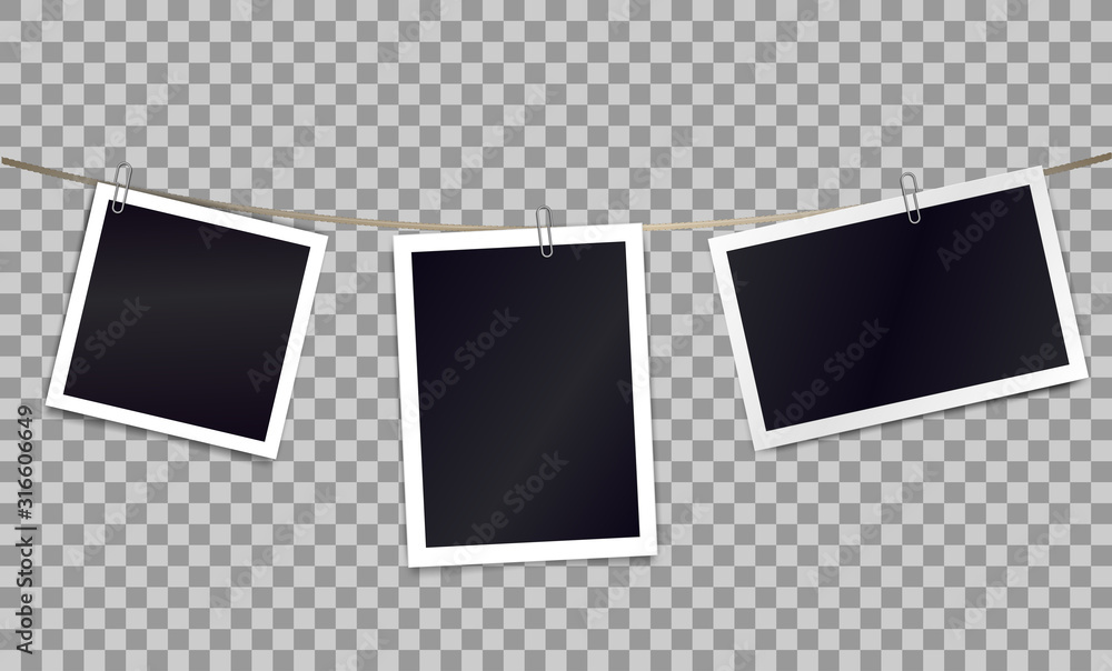 Three photorealistic blank retro photo frames attached metal paper clips on tape. Template for design. Vector illustration. Three photorealistic blank retro photo frames attached metal paper clips on tape. Template for design. Vector illustration.