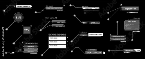 Futuristic Callouts titles collection in HUD style. Futuristic User Interface elements. Tech callout bar labels, information call box bars and modern digital info boxes layout templates. Vector HUD UI