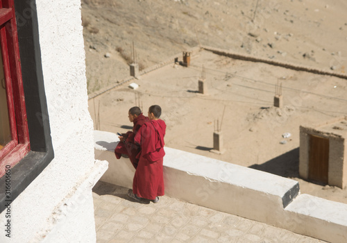 buddhist monks in tikshey monastery in ladakh, India photo