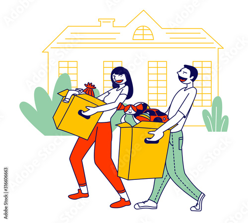 Young Man and Woman Caring Altruistic Volunteers Collecting Clothes to Cardboard Boxes for Donation to Poor Homeless People in Complicated Life Situation. Cartoon Flat Vector Illustration, Line Art