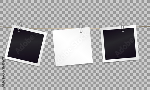 White sticky note and photo frames attached metal paper clips on tape. Template for design. Vector illustration.