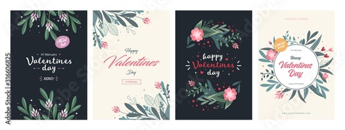 Set of Valentines Day Card Templates. Trendy Floral Style. Design with ornaments, hearts and ribbons