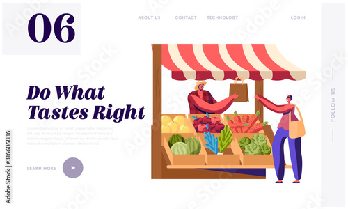 Purchaser Buying Ecological Healthy Organic Local Food Website Landing Page. Farmer Sell Fresh Fruit and Vegetable Products at Counter Desk Farm Market Web Page Banner Cartoon Flat Vector Illustration