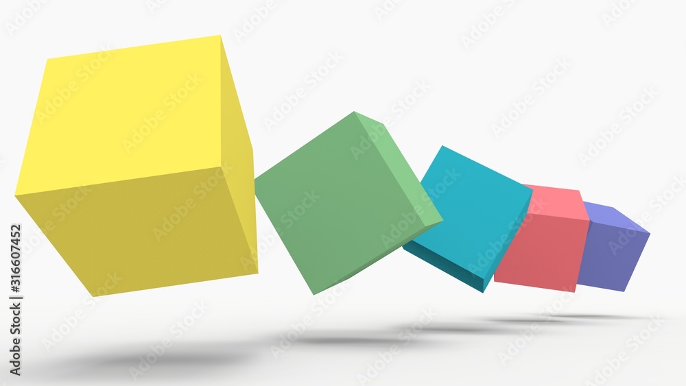 3d rendering, 3d illustration. Colored abstract cubes on a light background.