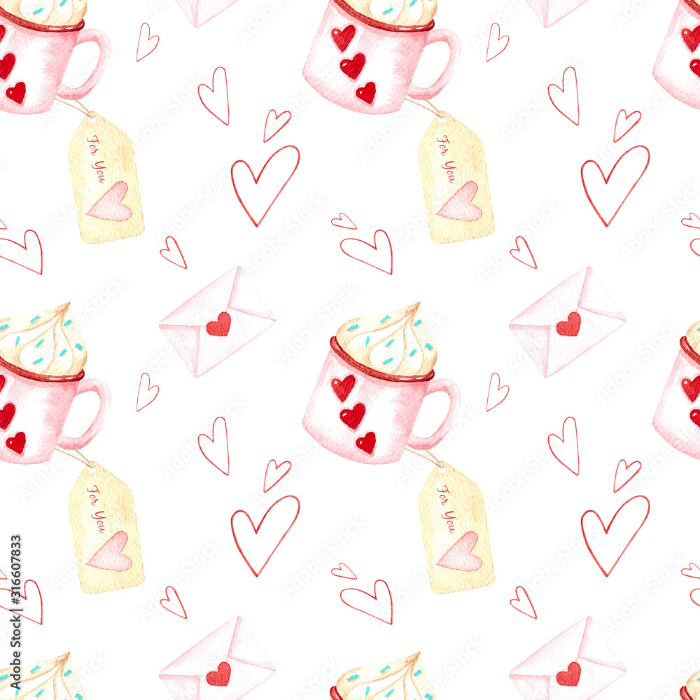 Cake in a Cup, seamless pattern, watercolor, hearts, romantic design Cake in a Cup, seamless pattern, watercolor, hearts, romantic design