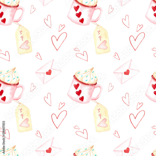 Cake in a Cup, seamless pattern, watercolor, hearts, romantic design