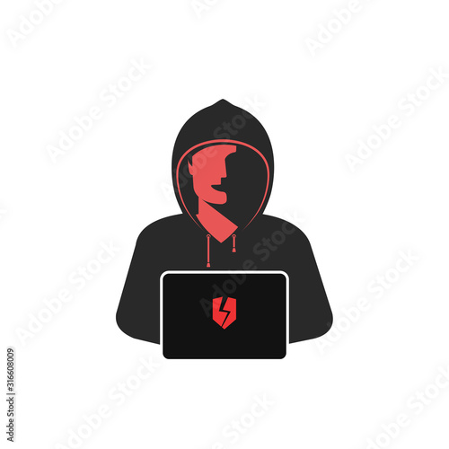 Hacker, vector illustration, icon, emblem. Hidden, hooded, masked man hacks into computer's security system