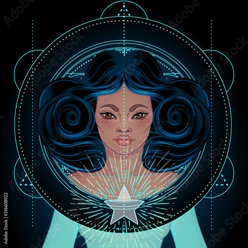 African American magic woman holding all seeing eye with rays. Vector Illustr...