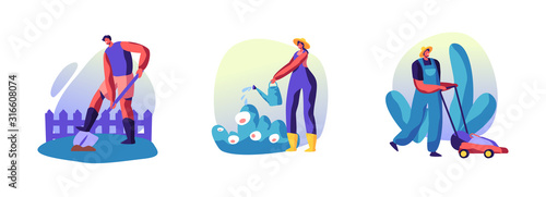 Set of Happy Characters Working in Summer Garden. Men Mowing Lawn, Digging Soil, Woman Farmer or Gardener Watering Plants in Flower Bed. Gardening Hobby or Occupation. Cartoon Vector Illustration