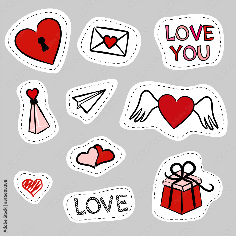Hand Drawn Doodle Love Stickers Stock Vector - Illustration of