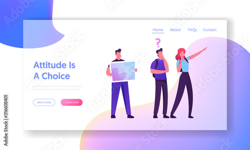 Travelers Hiking Adventure, Vacation Trip Website Landing Page. Backpackers Learning Map Deciding what Way to Choose. Tourists Walking Outdoor Route Web Page Banner. Cartoon Flat Vector Illustration