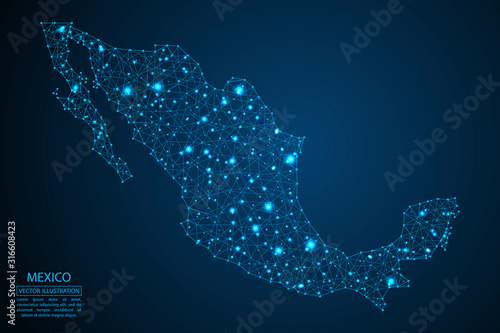 A map of Mexico consisting of 3D triangles, lines, points, and connections. Vector illustration of the EPS 10.