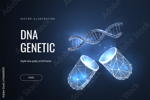 Opened drug capsule medicine business concept. DNA gene therapy glowing medicament prebiotic probiotic ball health care cure illness. Antibiotic vitamin medical nutrition low poly vector illustration