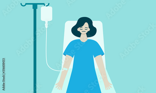 Female patient in a hospital with a medical dropper. Flat design. Vector illustration