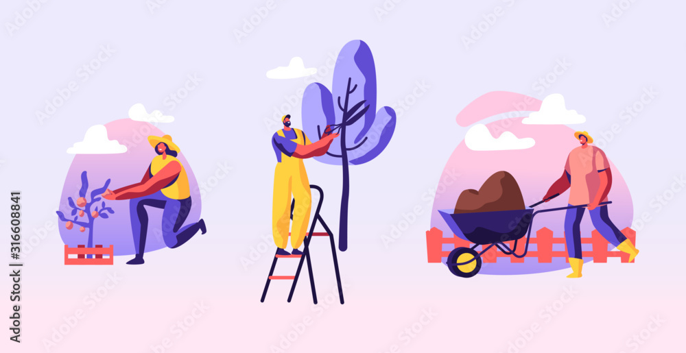 Set of Man and Woman Farmers Working in Garden, Care of Plants, Grow Vegetable, Trimming Trees, Remove Soil on Wheelbarrow. Gardeners Characters Working at Country Ranch Cartoon Vector Illustration Set of Man and Woman Farmers Working in Garden, Care of Plants, Grow Vegetable, Trimming Trees, Remove Soil on Wheelbarrow. Gardeners Characters Working at Country Ranch Cartoon Vector Illustration