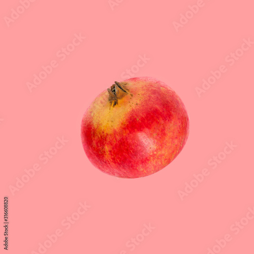 Floating levitating ripe red pomegranate on cherry pink background. Creative food poster for vitamins organic cosmetics healthy diet concept