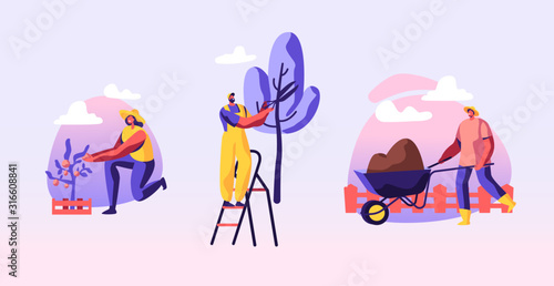 Set of Man and Woman Farmers Working in Garden, Care of Plants, Grow Vegetable, Trimming Trees, Remove Soil on Wheelbarrow. Gardeners Characters Working at Country Ranch Cartoon Vector Illustration