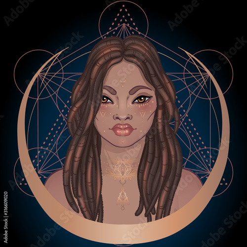African American magic woman holding all seeing eye with rays. Vector Illustration. Mysterious black girl over sacred geometry symbols and wings. Alchemy, religion, spirituality, occultism, tattoo art