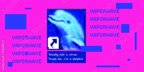 Smiling dolphin icon with text "totally not a virus". Conceptual illustration of computer malware, ransomware, rootkit or adware.