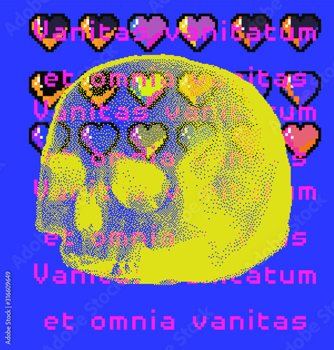 Scull made in pixel art technique with latin quote 