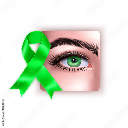 Illustration Of World Glaucoma Day Background with realistic eye and Green ribbon isolated on white background, vector eps 10 format