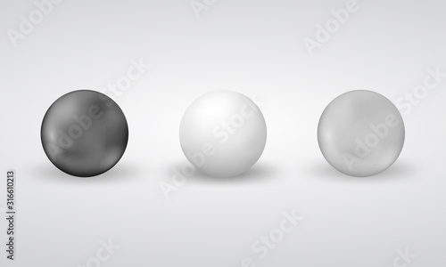 Vector 3d realistic spheres set isolated on white background. Crystal or plastic balls illustration for logo, advertising design or web interface button. Black, grey and white beads for branding.
