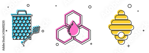 Set Honeycomb with honey dipper stickicon, Honeycomb and Hive for bees icon. Vector
