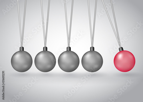 Newton's cradle physics experiment model vector illustration isolated on white. Metall balls hanging on frame with kinetic and potential energy converting, business collaboration model metaphor.