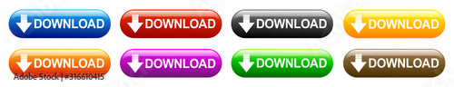 Set colored download button with down arrow icon isolated. Load symbol – stock vector