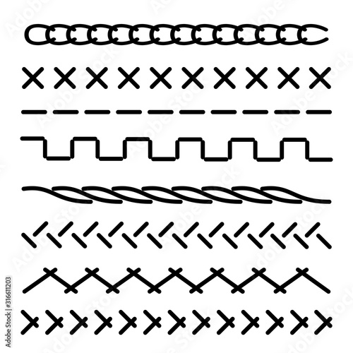 Set stitch sewing machine. Cut lines. Sewing stitches set seam - stock vector