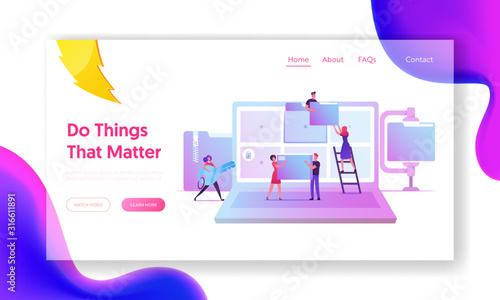 Electronic Document Management Website Landing Page. Digital Data File Computer Archive Storage, Business Characters at Laptop with Folders on Screen Web Page Banner. Cartoon Flat Vector Illustration