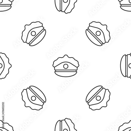 Grey line Police cap with cockade icon isolated seamless pattern on white background. Police hat sign. Vector Illustration