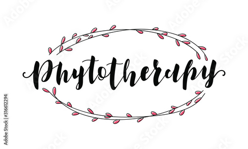 Vector stock illustration. Lettering Phytotherapy. Black text isolated on white background