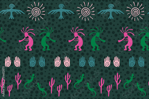 design with humpbacked man playing flute musical instrument.