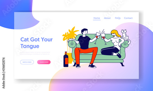 Love Flirt Sparetime Website Landing Page. Young Loving Couple Spend Time at Home Sitting on Couch Drinking Wine with Cat nearby on Weekend Web Page Banner. Cartoon Flat Vector Illustration, Line Art