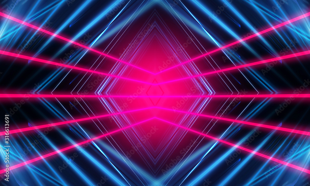 Dark neon background with lines and rays. Blue and pink neon. Abstract futuristic background. Night scene with neon, light reflection. Dark neon background with lines and rays. Blue and pink neon. Abstract futuristic background. Night scene with neon, light reflection.