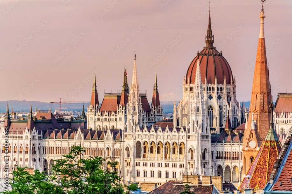 Close up View of Budapest Parliament at Sunset, Hungary