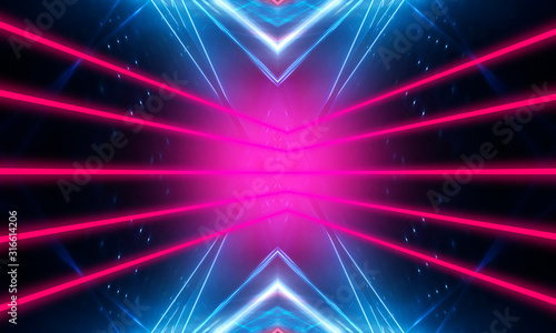 Dark neon background with lines and rays. Blue and pink neon. Abstract futuristic background. Night scene with neon  light reflection.