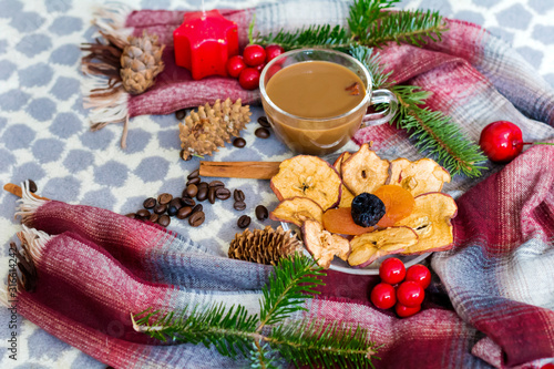 Christmas Card with Dried Fruits ,Coffee and Pine Branches .Christmas Background Concept with Dates