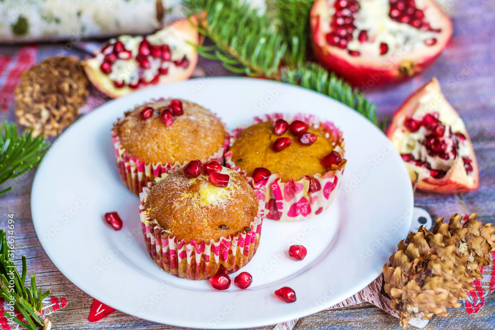 Muffins with Banana and Pomegranate .Traditional Christmas Muffins Muffins with Banana and Pomegranate .Traditional Christmas Muffins