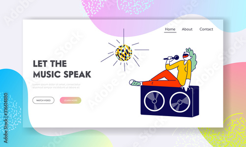 Entertainment Website Landing Page. Woman Sitting on Huge Dynamics on Stage Holding Microphone and Singing Song at Karaoke Bar or Night Club Web Page Banner. Cartoon Flat Vector Illustration, Line Art