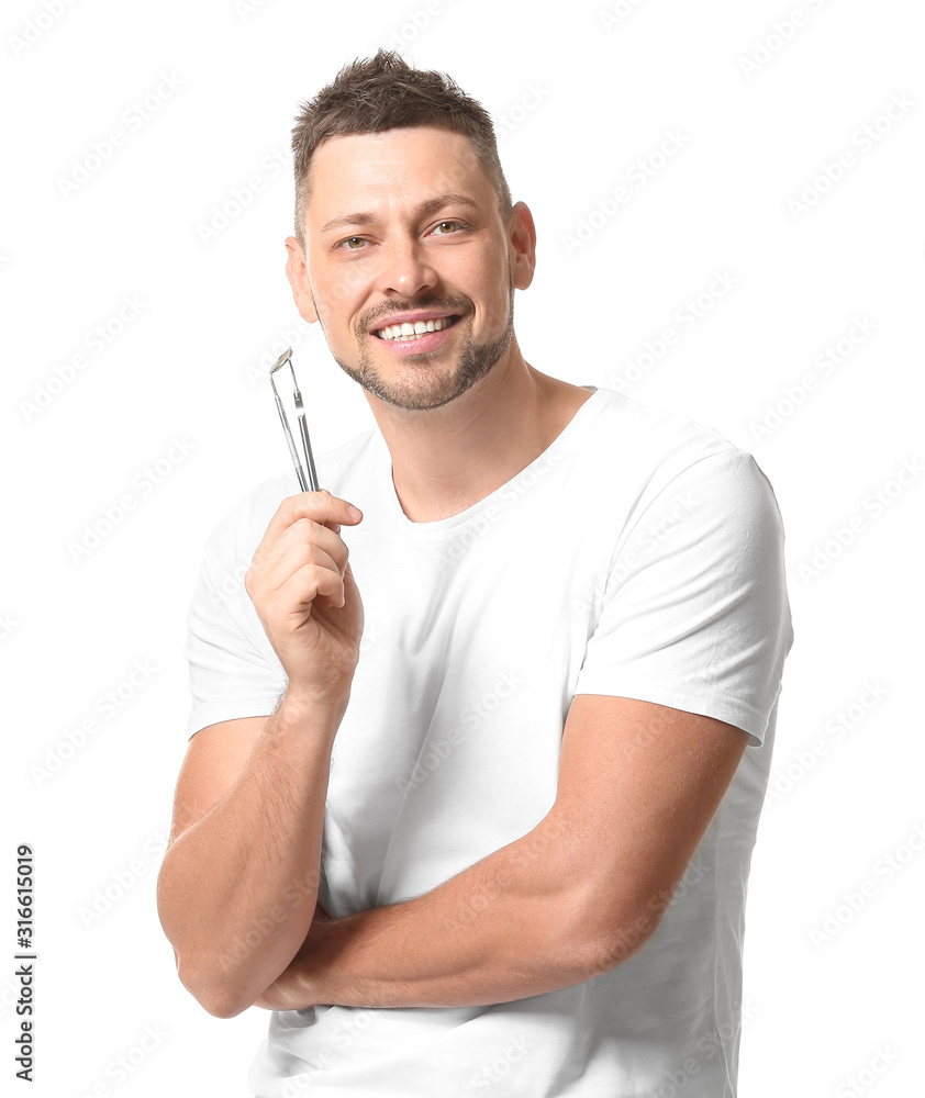 Man with dental tools on white background Man with dental tools on white background