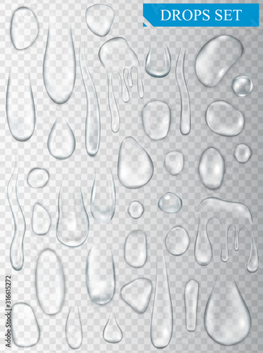 Realistic shining water drops and drips on transparent background vector illustration