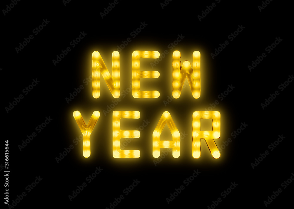 Yellow neon glowing led NEW YEAR sign on black