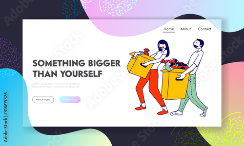Donation to Poor and Homeless Website Landing Page. Man and Woman Volunteers Carry Donation Boxes for People in Complicated Life Situation Web Page Banner. Cartoon Flat Vector Illustration, Line Art