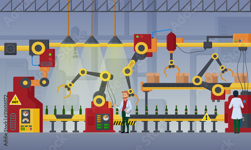 Modern factory, assembly line vector illustration. Plant workers flat characters. Workshop interior, brewing manufactory, conveyor, bottling beer process, product packaging facilities, equipment work
