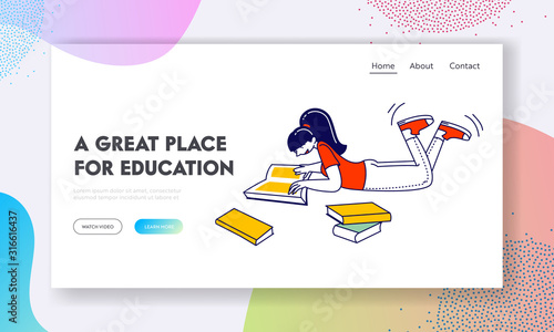 Student Back to School Education Website Landing Page. Girl Reading Book in College or University. Female Character Gaining Knowledge Web Page Banner. Cartoon Flat Vector Illustration, Line Art