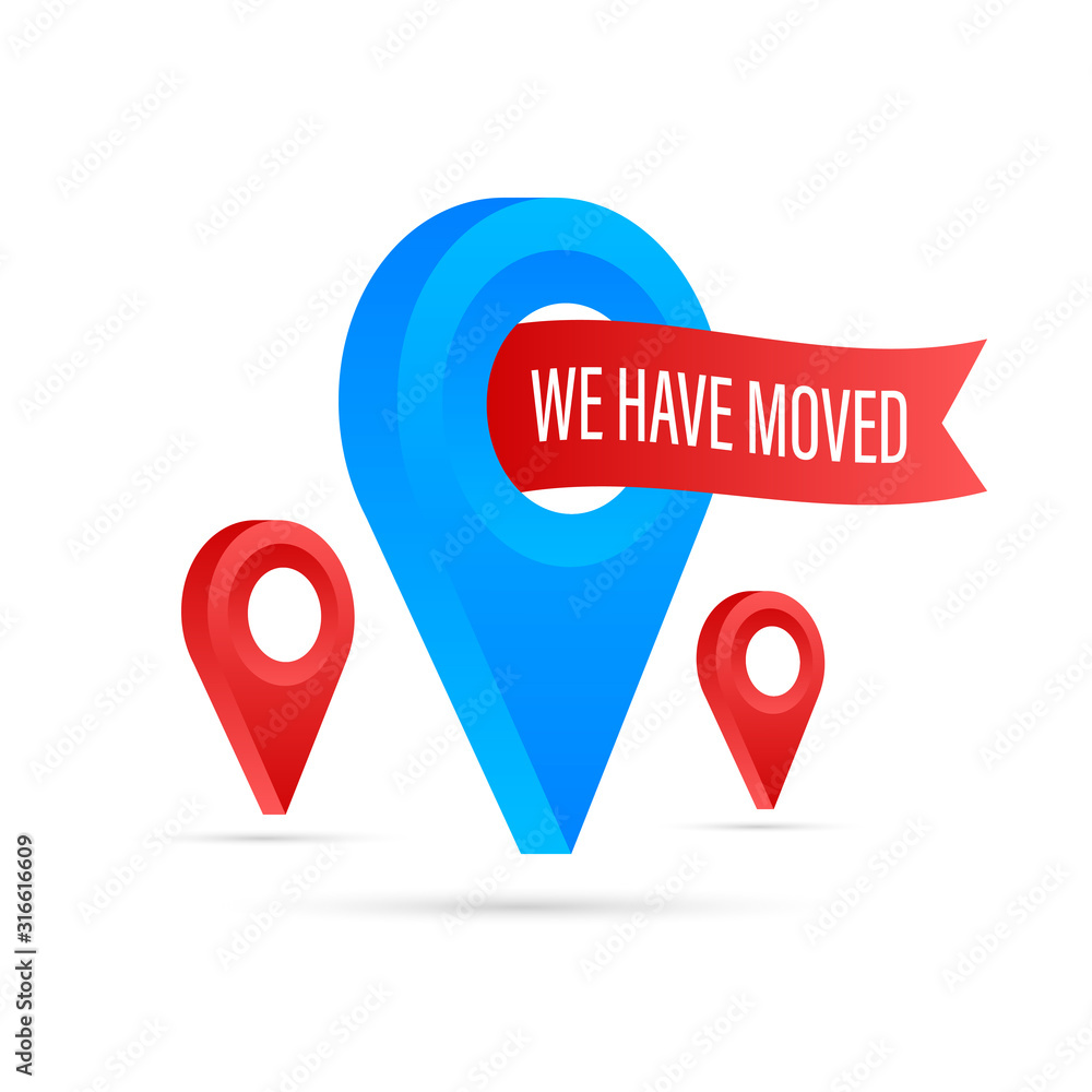 We have moved. Moving office sign. Clipart image isolated on blue background. Vector stock illustration. We have moved. Moving office sign. Clipart image isolated on blue background. Vector stock illustration.