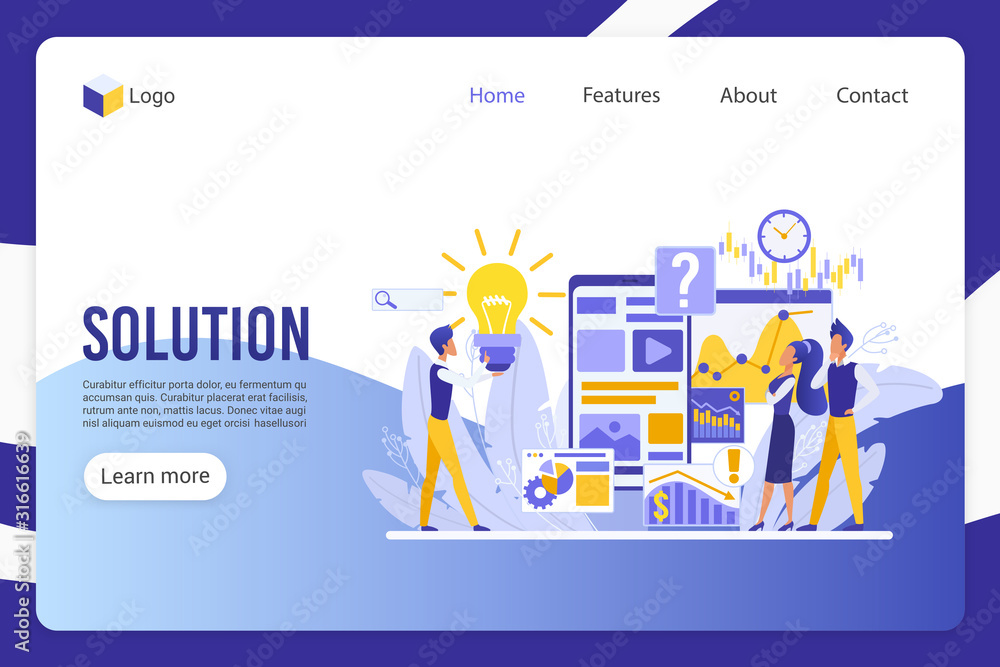 Solution, innovative decision landing page vector template. Advertising department workers, businesspeople faceless characters. Product promotion, market analysis web banner homepage design layout
