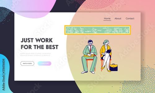 Recruitment, Job Interview Website Landing Page. Unemployed People Searching Job. Man and Woman Applicants with Cv Documents Sit in Office Web Page Banner. Cartoon Flat Vector Illustration, Line Art